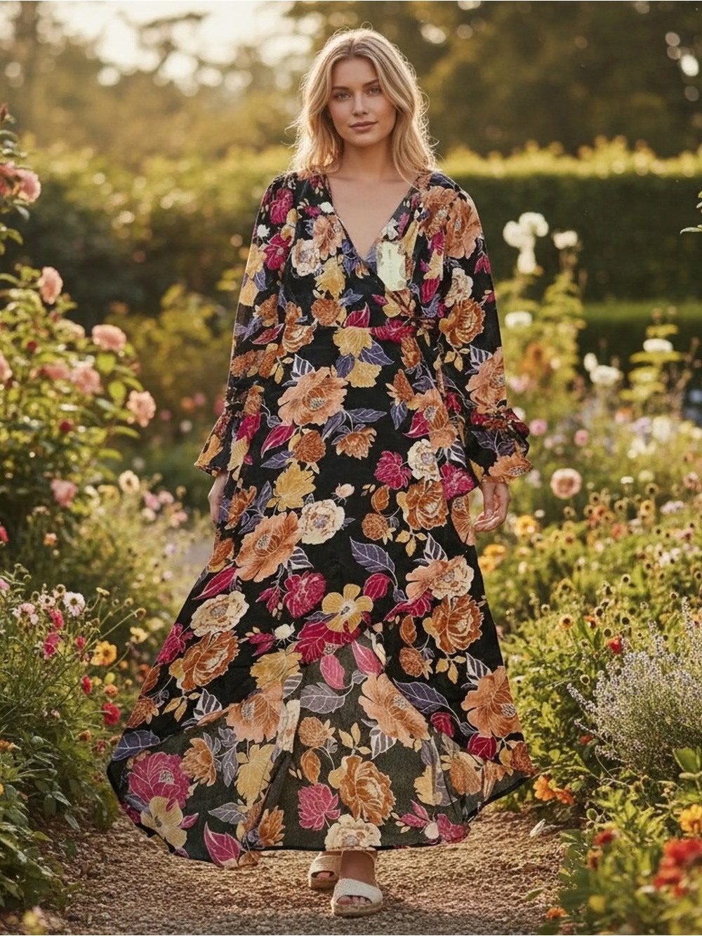 NWT Band of the Free Blackberry Floral V-Neck Maxi Dress with Long Sleeves